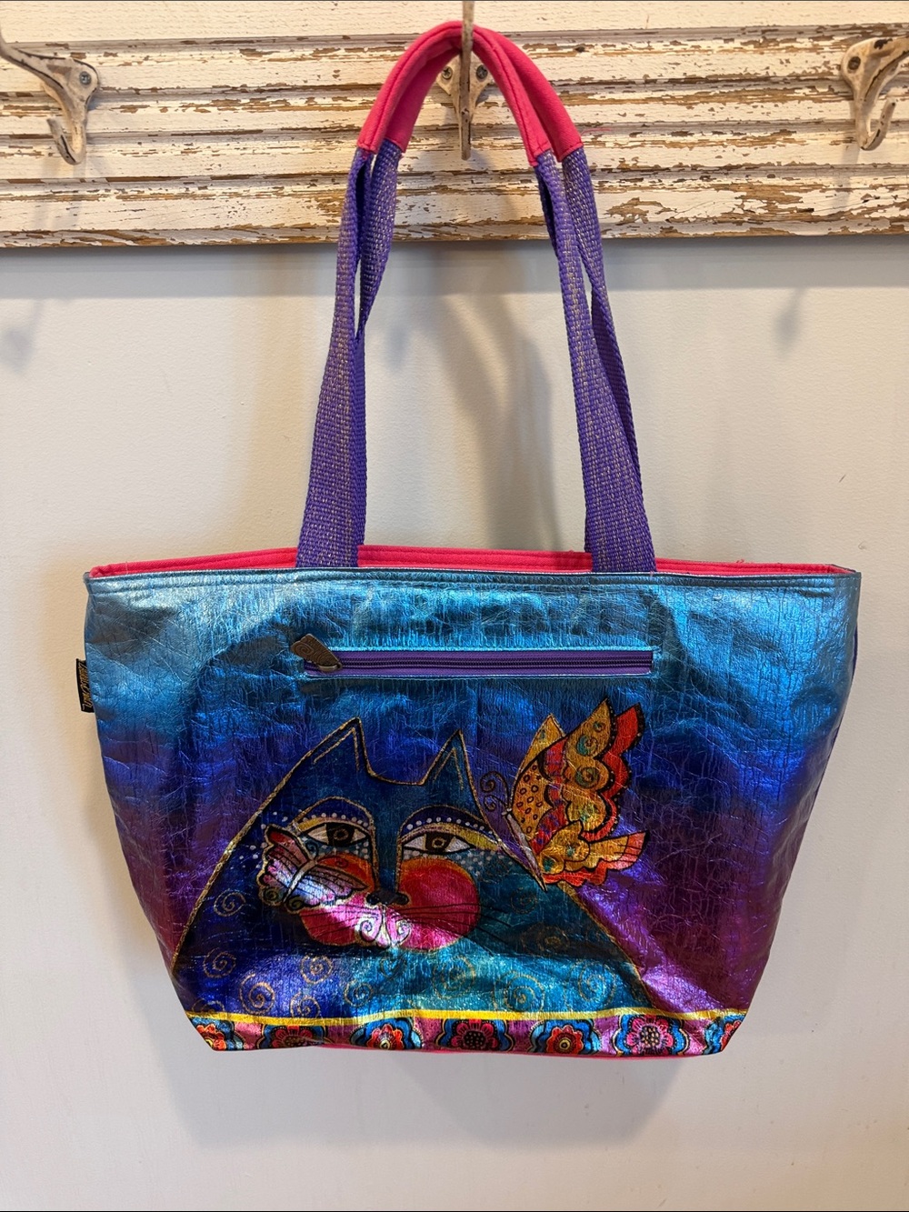 Laurel Burch Cat Iridescent Blue-Purple Artistic Tote Bag